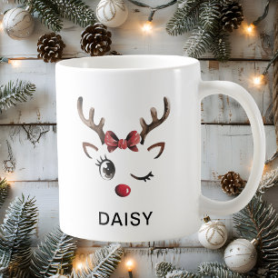 Caneca De Café Rena de Natal com Laço Vermelho Piscando Nome Pers