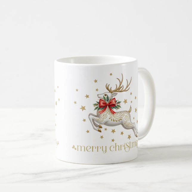 Caneca De Café Rena de Natal Dourada Branca (Frente Esquerda)
