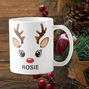 Caneca De Café Rena de Natal em Aquarela Fofa com Nariz Vermelho