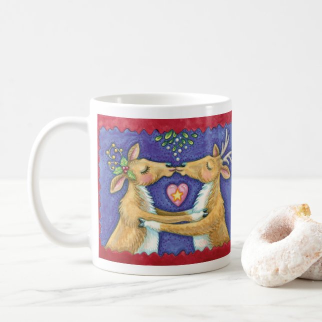 Caneca De Café Rena de Natal Fofa, Beijo Romântico com Visca (Com Donut)