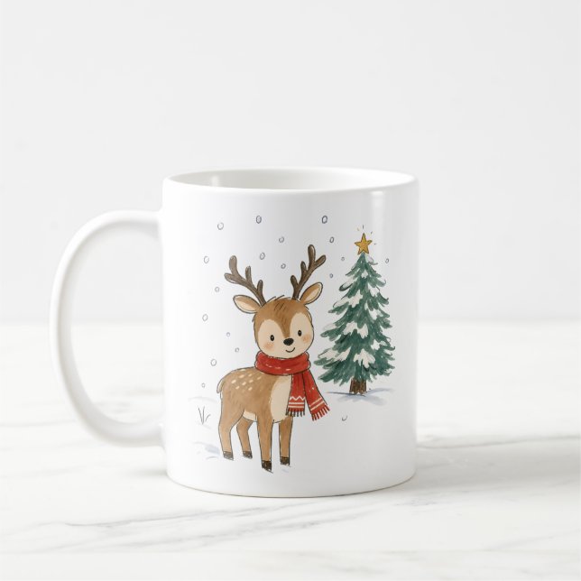 Caneca De Café Rena de Natal Fofo com Cachecol Vermelho (Esquerda)