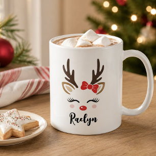Caneca De Café Rena Fêmea com Arco Vermelho Nome Personalizado