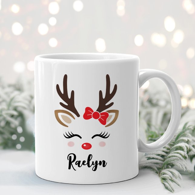 Caneca De Café Rena Fêmea com Arco Vermelho Nome Personalizado (Criador carregado)