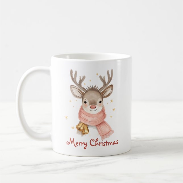 Caneca De Café Rena Personalizada Usando Uma Cachecol Rosa (Esquerda)