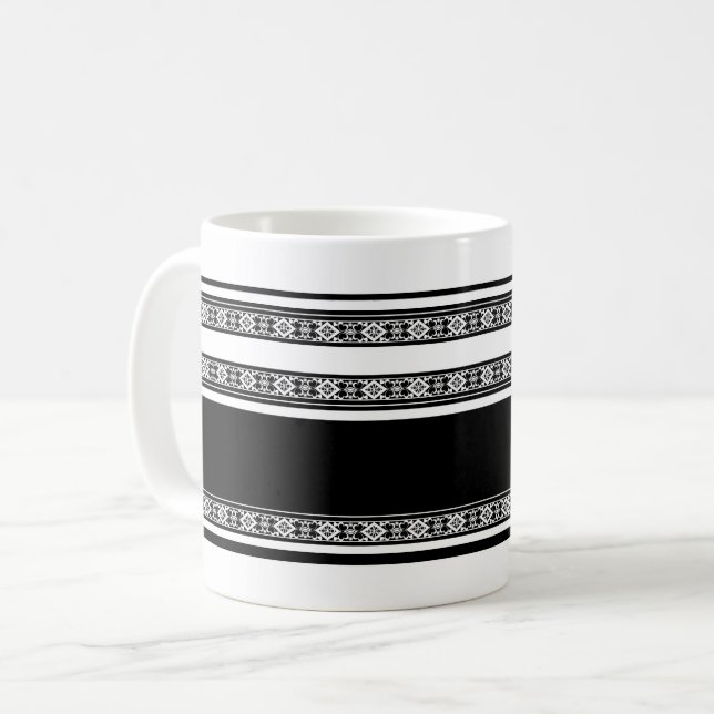 Caneca De Café Renda preta e branca entrelaçada e listras horizon (Frente Esquerda)
