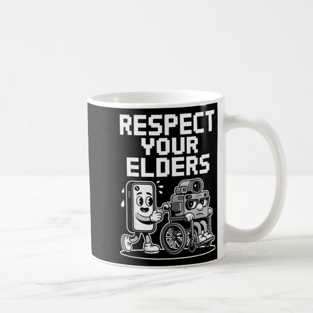 Caneca De Café Respect Your Elders Retro Tech Camera Phone Cartoo (Direita)