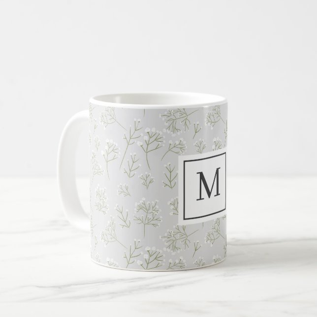 Caneca De Café Respiração de Bebê Branco Floral Monograma de Gips (Frente Esquerda)