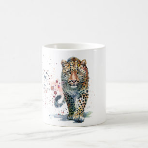 Caneca De Café Retrato Colorido em Aquarela de Leopardo