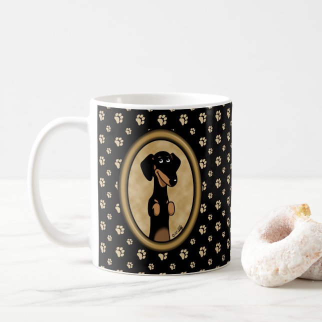 Caneca De Café Retrato Dachshund de Quadro Oval Dourado (preto &  (Com Donut)