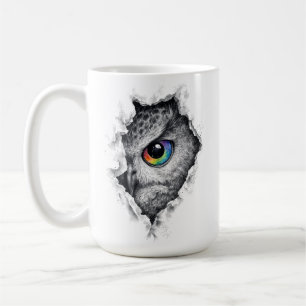 Caneca De Café Retrato de Coruja com Tinta com Olho de Arco-íris