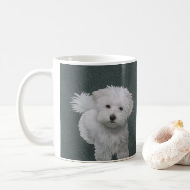 Caneca De Café retrato de estimação de cachorro branco pequeno (Com Donut)