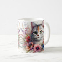 Retrato de Gato Tricolor com Flores