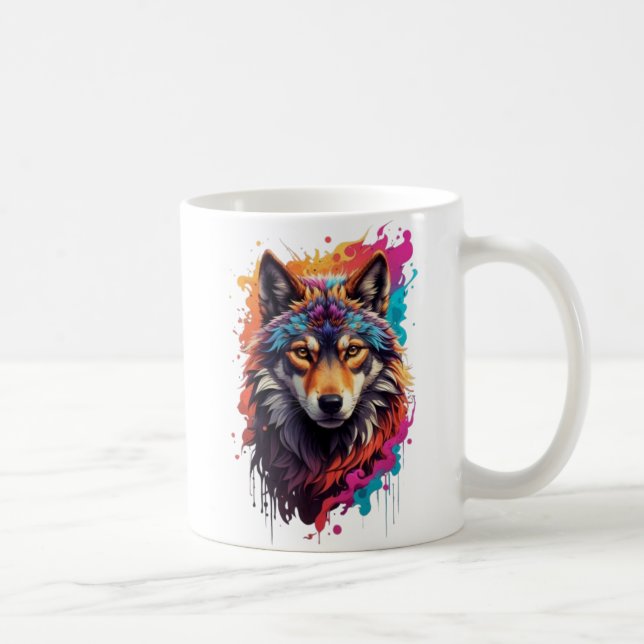 Caneca De Café Retrato de Lobo Colorido Arte Abstrata de Animal-8 (Direita)