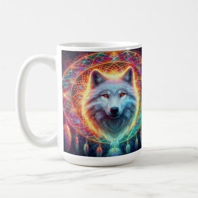 Caneca De Café Retrato de Lobo Colorido com Dreamcatcher (Esquerda)