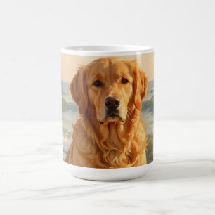 Caneca De Café Retrato de Retriever Dourado na Praia do Oceano