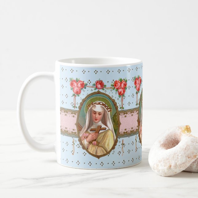 Caneca De Café Retrato de Sta. Rosa Envolta em Rosas (M 024a) (Com Donut)
