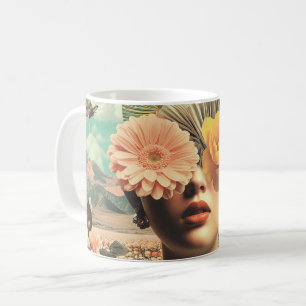 Caneca De Café Retrato Feminino Surrealista com Flores Cobrindo o