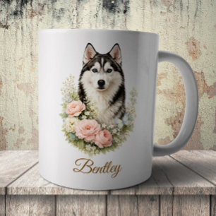 Caneca De Café Retrato Floral de Husky Siberiano