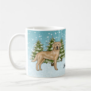 Caneca De Café Retriever Labrador Amarelo Azul Inverno Nome Perso