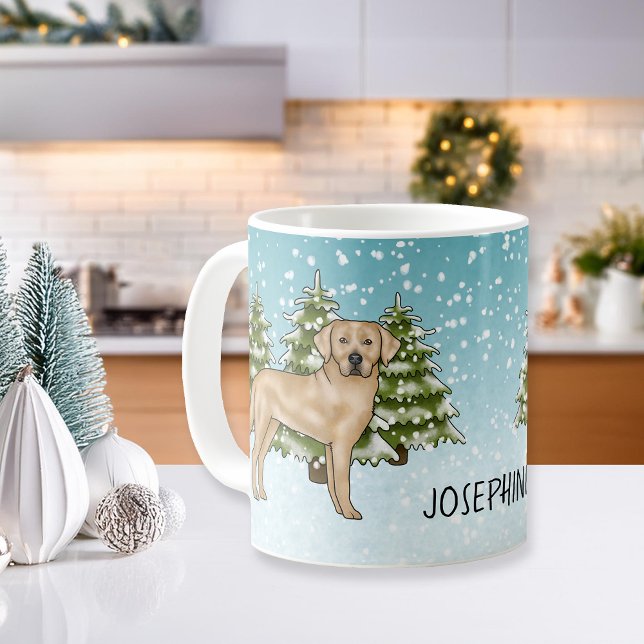 Caneca De Café Retriever Labrador Amarelo Azul Inverno Nome Perso (Criador carregado)