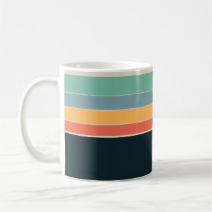 Caneca De Café Retro Anos 70 Azul Marinho & Amarelo Listrado Vint