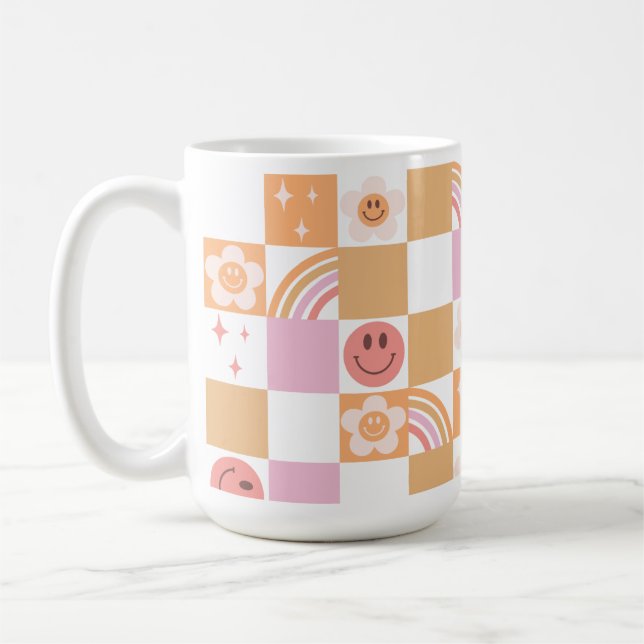 Caneca De Café Retro Checkerboard Sorria Face 60s Pattern Mug (Esquerda)