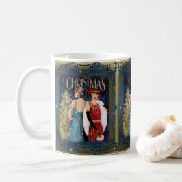 Caneca De Café Retro Damas de Natal Azul Dourado Vermelho
