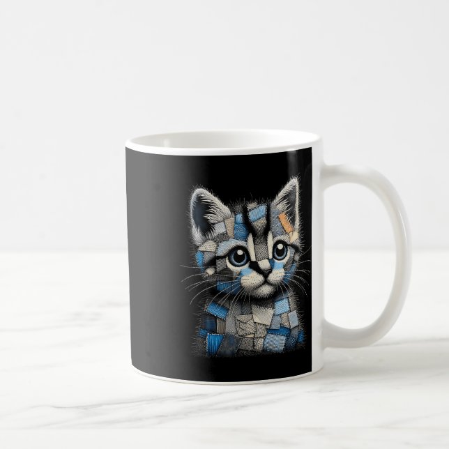 Caneca De Café Retro Divertido Remendo de Denim Impressão de Gato (Direita)
