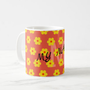 Caneca De Café Retro floral bonitinho moderno e elegante inicial
