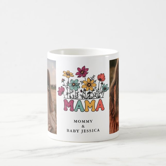 Caneca De Café Retro Floral "Mama" Foto Mug (Centro)