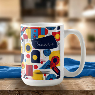 Caneca De Café Retro Geométrico Abstrato Pat#10 Marinho Red ID106