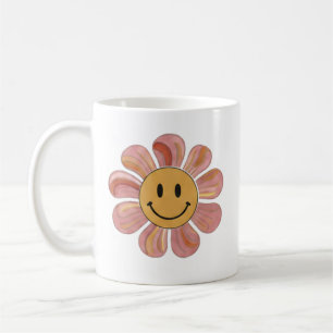 Caneca De Café Retro Groovy Carinha Sorridente Flor Pastel Floral