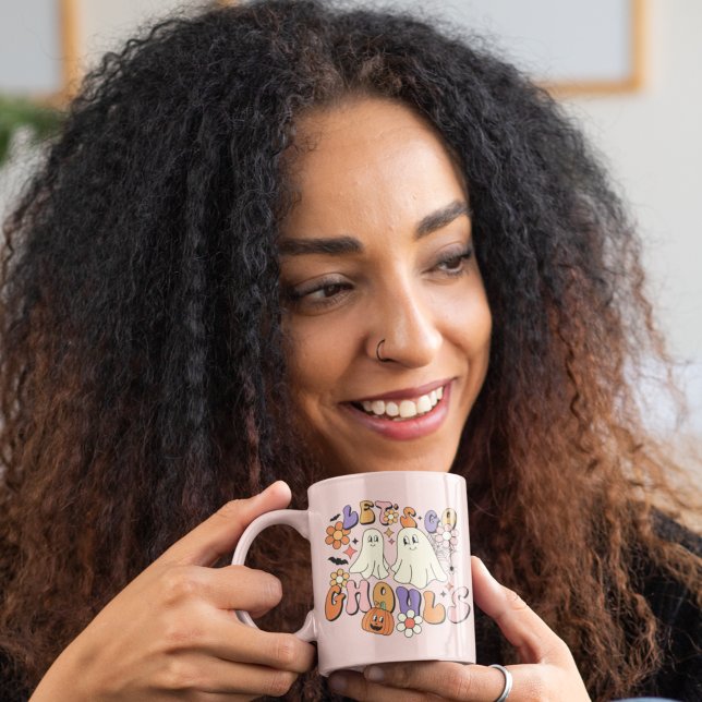 Caneca De Café Retro Halloween, Retrô Rosa Rosa, Rosa, Fantasmas (Criador carregado)