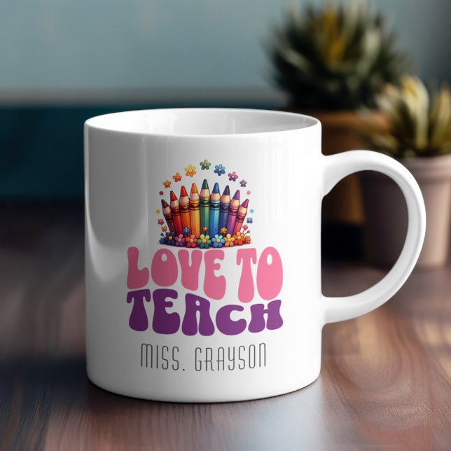 Caneca De Café Retro 'Love to Teach' Crayon Design Nome do profes (Criador carregado)