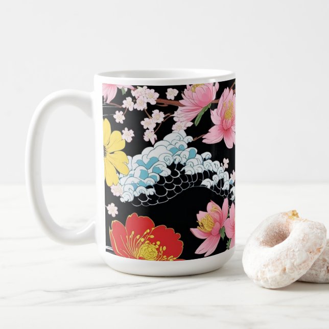 Caneca De Café Retro Modern Seigaiha Sakura Flowers Japan party (Com Donut)
