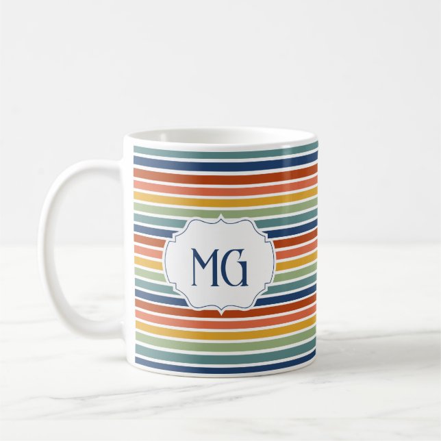 Caneca De Café Retro Monogrammed Minimalist Stripes (Esquerda)