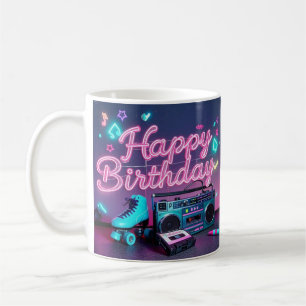 Caneca De Café Retro neon Happy Birthday assina rosa e cor-de-ros