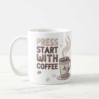 Caneca De Café Retro Pixel Art "Press Start with Coffee" Gamer Mu
