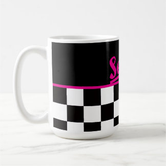 Caneca De Café Retro Preto Branco Neon Rosa Tabuleiro de Xadrez "