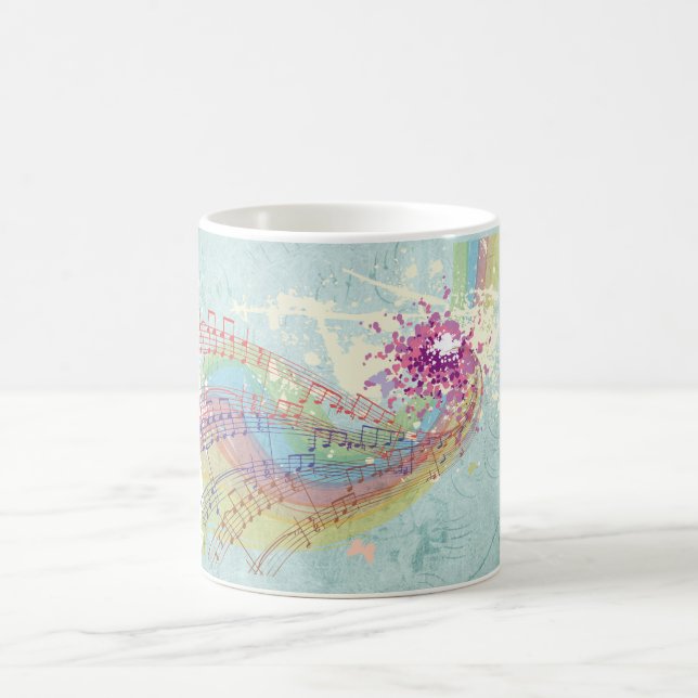 Caneca De Café Retro Rainbow e Music Notes em uma Textura Shabby (Centro)