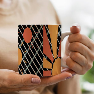 Caneca De Café Retro red orange Sunset on blue black & white grid