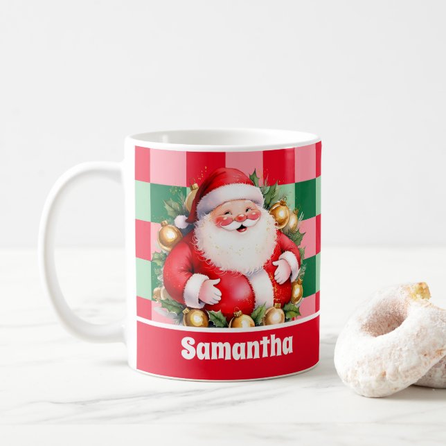 Caneca De Café Retro Santa Claus Tartan Xadrez Natal (Com Donut)