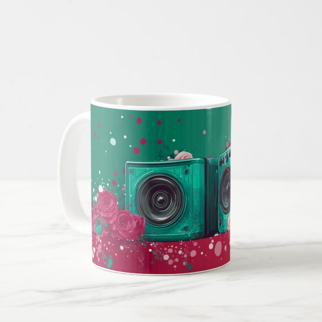Caneca De Café Retro-style audio speakers surrounded by roses (Frente Esquerda)