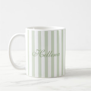 Caneca De Café Retro Verde Sage Listras Brancas Nome Personalizad