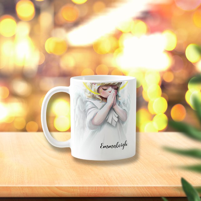 Caneca De Café Rezando Anjo Menina com Asas Halo (Criador carregado)