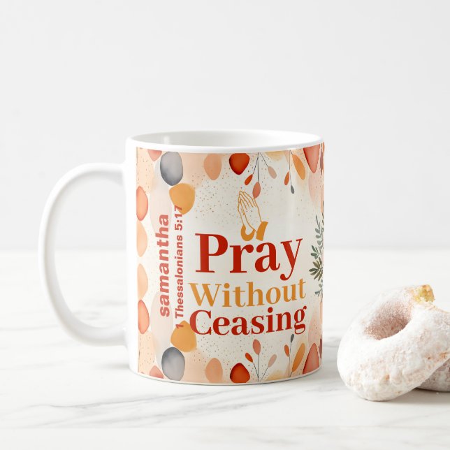 Caneca De Café Reze Personalizada sem cessar Boho Christian (Com Donut)