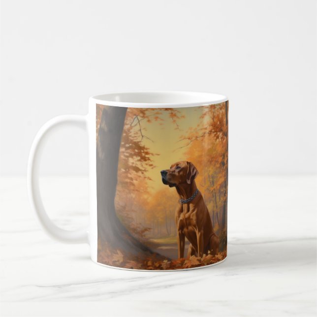 Caneca De Café Rhodesian Ridgeback  no Outono Folhas Caem Inspira (Esquerda)