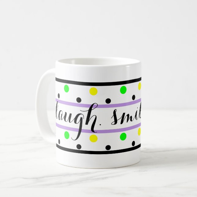 Caneca De Café Ria Citando Bolinhas Verdes Púrpuras Amarelas (Frente Esquerda)