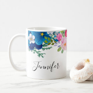 Caneca De Café Rico cor-de-rosa e azul da flor Summery