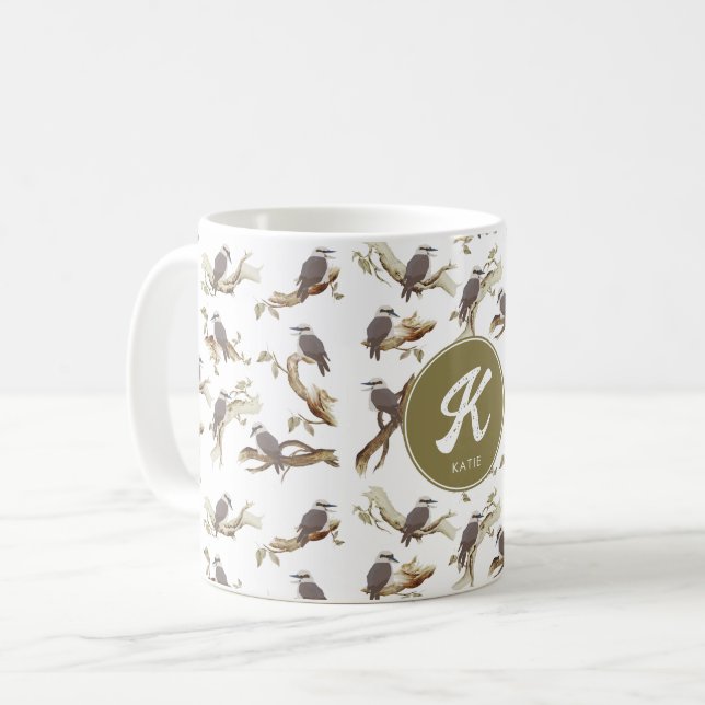 Caneca De Café Rindo Kookaburra australiano Eucalyptus Monograma (Frente Esquerda)
